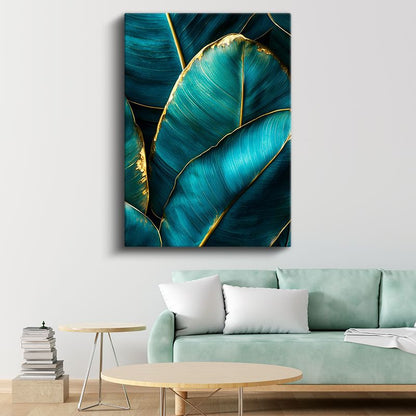 Turkuaz Yapraklar - Altın Kenarlı Tropikal Desen Kanvas Tablo