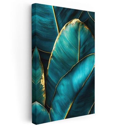Turkuaz Yapraklar - Altın Kenarlı Tropikal Desen Kanvas Tablo