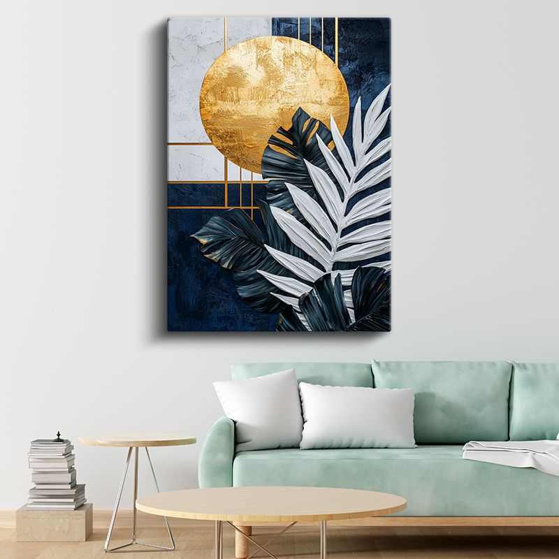 Geometrik Denge - Altın Ay ve Palmiye Yaprakları Kanvas Tablo