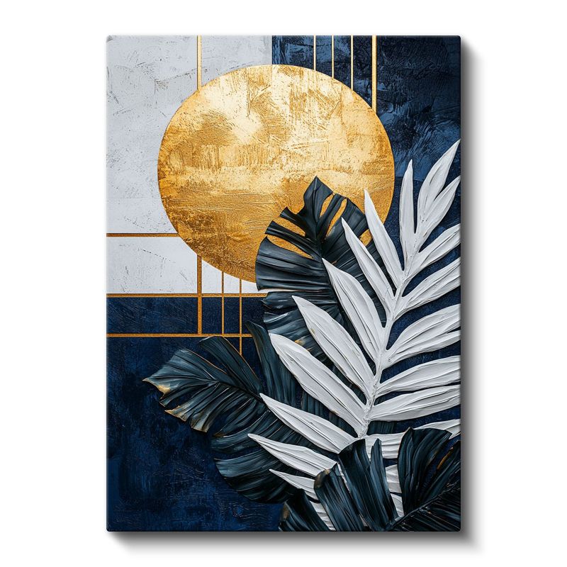 Geometrik Denge - Altın Ay ve Palmiye Yaprakları Kanvas Tablo