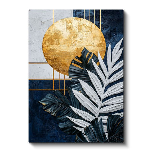 Geometrik Denge - Altın Ay ve Palmiye Yaprakları Kanvas Tablo
