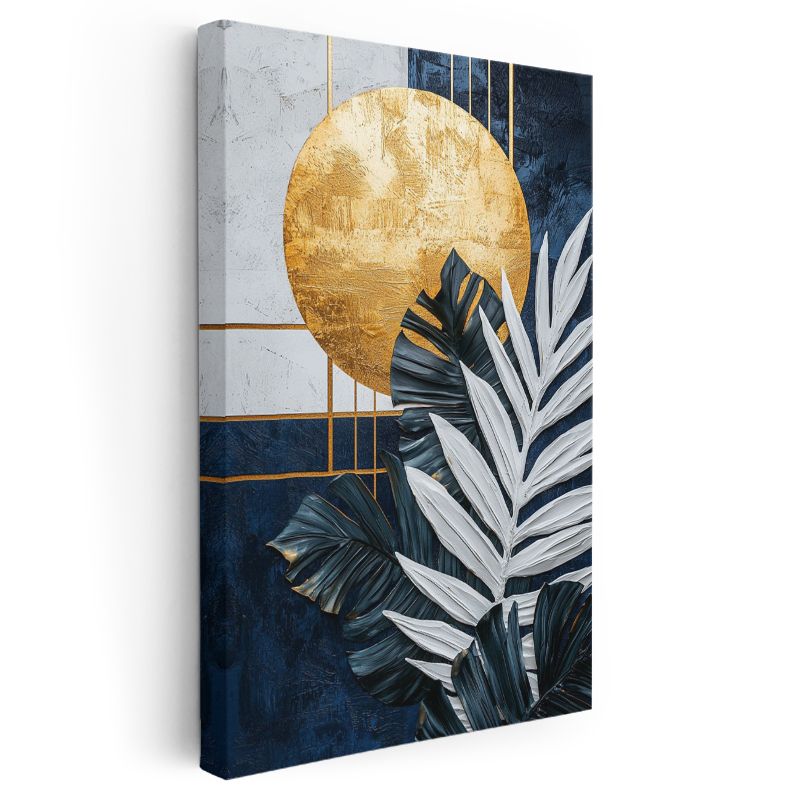 Geometrik Denge - Altın Ay ve Palmiye Yaprakları Kanvas Tablo
