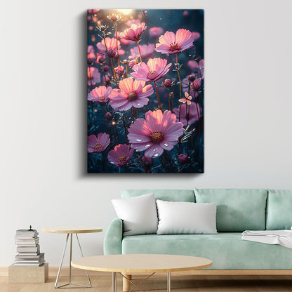 Pembe Kozmos - Gün Batımı Işığında Çiçek Bahçesi Kanvas Tablo