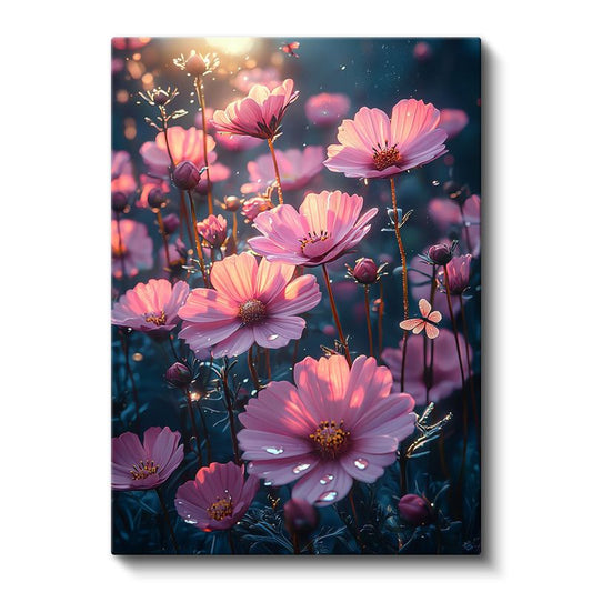 Pembe Kozmos - Gün Batımı Işığında Çiçek Bahçesi Kanvas Tablo