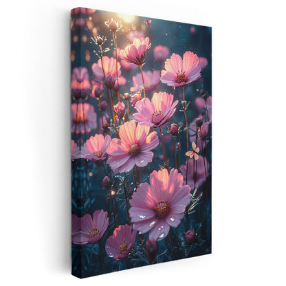 Pembe Kozmos - Gün Batımı Işığında Çiçek Bahçesi Kanvas Tablo
