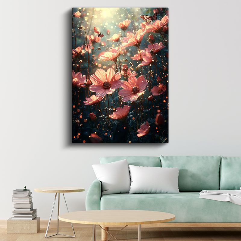 Peri Bahçesi - Işıltılı Pembe Çiçekler ve Kelebekler Kanvas Tablo