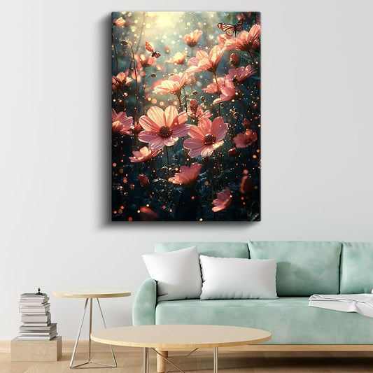 Peri Bahçesi - Işıltılı Pembe Çiçekler ve Kelebekler Kanvas Tablo