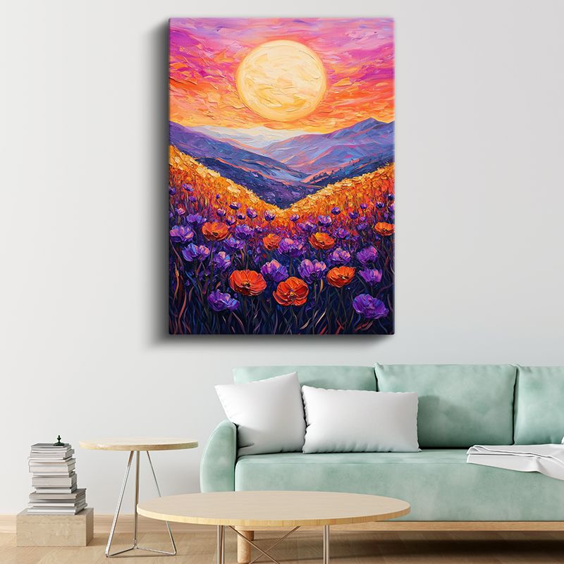 Alev Günbatımı - Dağ Manzarasında Gelincik Tarlası Kanvas Tablo