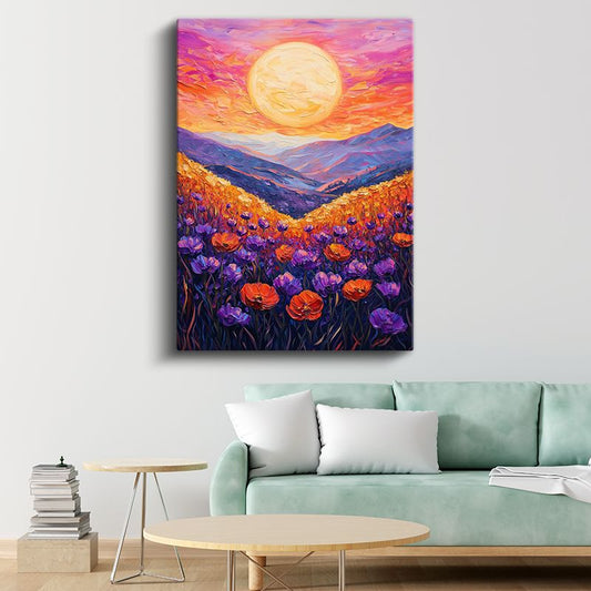 Alev Günbatımı - Dağ Manzarasında Gelincik Tarlası Kanvas Tablo