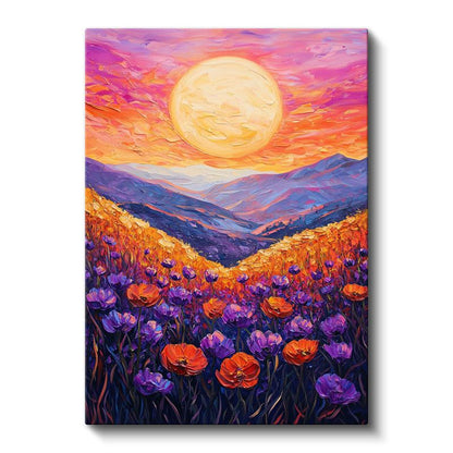 Alev Günbatımı - Dağ Manzarasında Gelincik Tarlası Kanvas Tablo