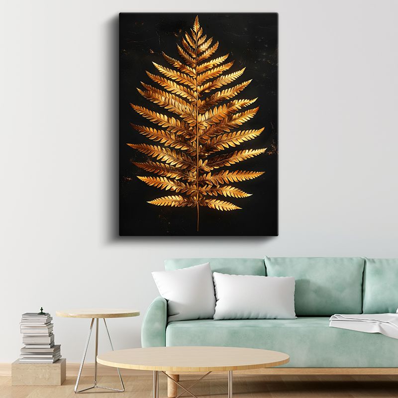 Metalik Eğrelti - Siyah Zeminde Altın Yaprak Kanvas Tablo