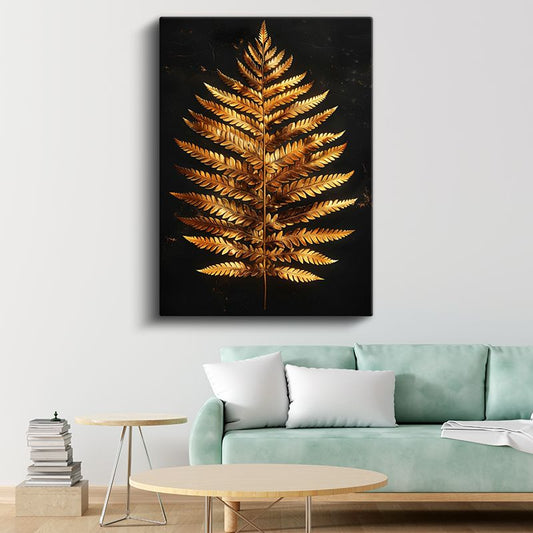 Metalik Eğrelti - Siyah Zeminde Altın Yaprak Kanvas Tablo