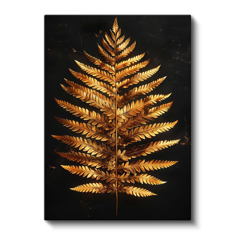 Metalik Eğrelti - Siyah Zeminde Altın Yaprak Kanvas Tablo