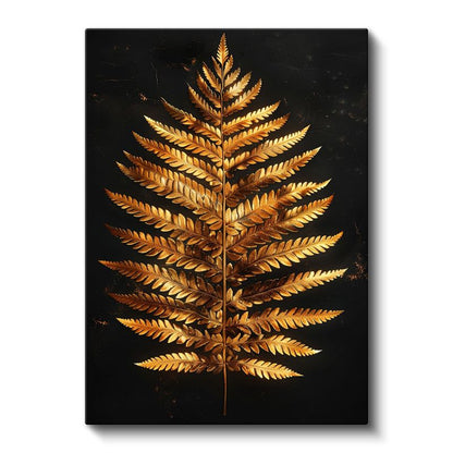 Metalik Eğrelti - Siyah Zeminde Altın Yaprak Kanvas Tablo