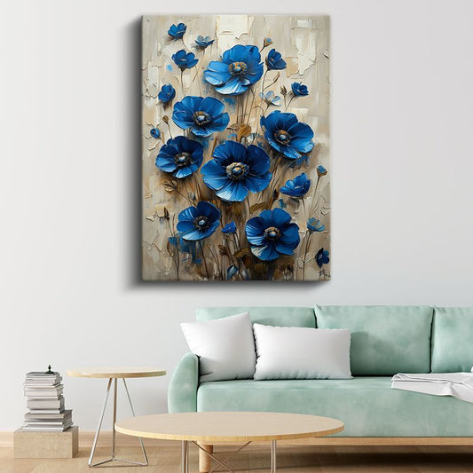 Mavi Gelincikler - Dokulu Boya Tekniğiyle Çiçek Buketi Kanvas Tablo