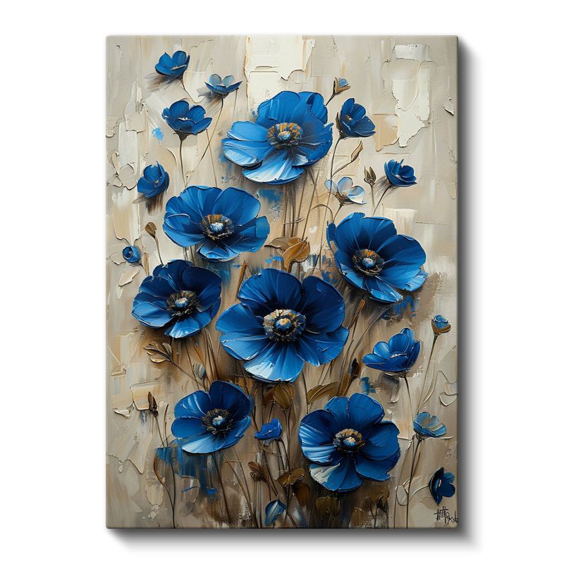 Mavi Gelincikler - Dokulu Boya Tekniğiyle Çiçek Buketi Kanvas Tablo