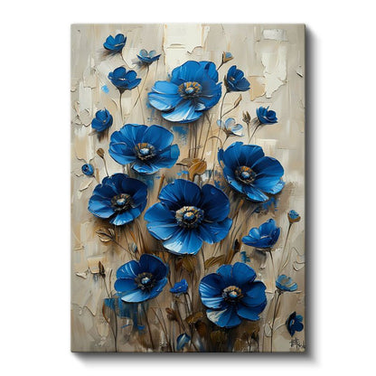 Mavi Gelincikler - Dokulu Boya Tekniğiyle Çiçek Buketi Kanvas Tablo