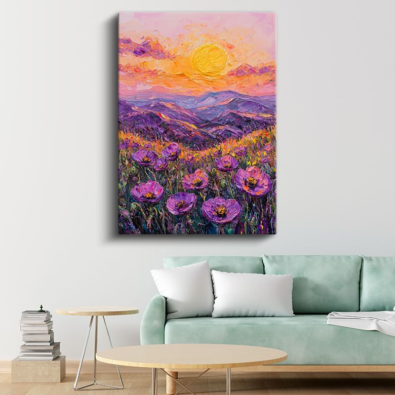 Mor Haşhaş Vadisi - Gün Batımında Dağ Manzarası Kanvas Tablo