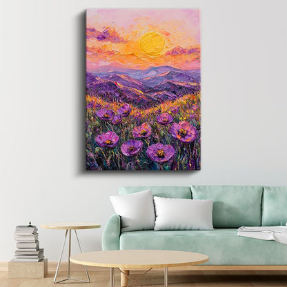 Mor Haşhaş Vadisi - Gün Batımında Dağ Manzarası Kanvas Tablo