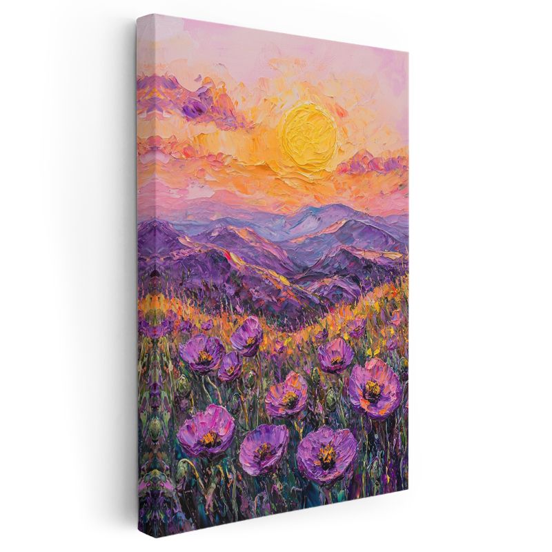 Mor Haşhaş Vadisi - Gün Batımında Dağ Manzarası Kanvas Tablo