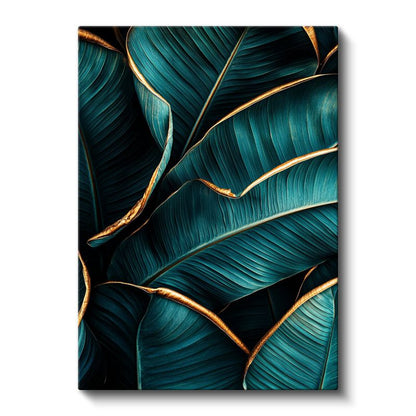 Zümrüt Yapraklar - Altın Kenarlı Tropikal Bitki Kanvas Tablo