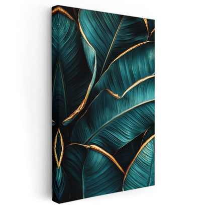 Zümrüt Yapraklar - Altın Kenarlı Tropikal Bitki Kanvas Tablo