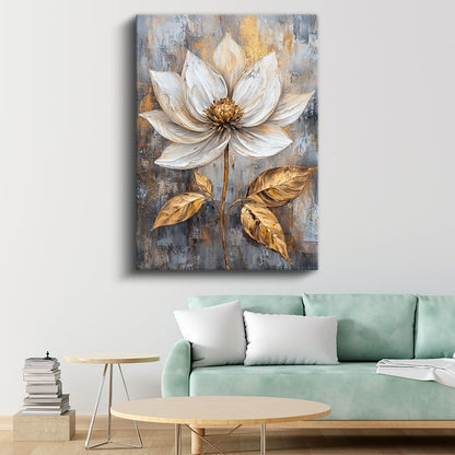 Altın Lotus - Gri Dokulu Fonda Beyaz Çiçek Kanvas Tablo