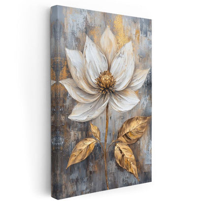Altın Lotus - Gri Dokulu Fonda Beyaz Çiçek Kanvas Tablo