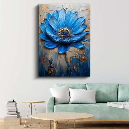 Mavi Papatya - Altın Detaylı İmpasto Tekniği Kanvas Tablo