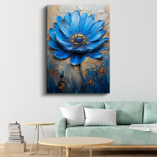 Mavi Papatya - Altın Detaylı İmpasto Tekniği Kanvas Tablo
