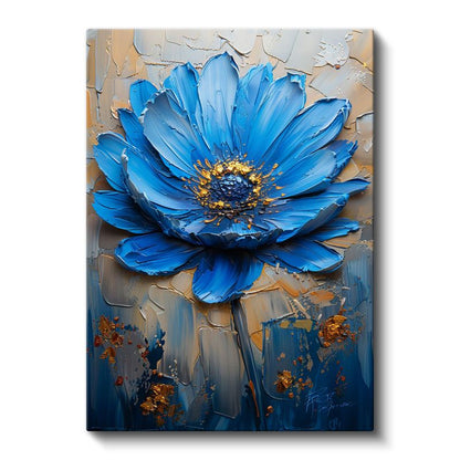 Mavi Papatya - Altın Detaylı İmpasto Tekniği Kanvas Tablo