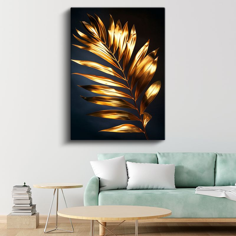Altın Palmiye - Siyah Fonda Metalik Yaprak Kanvas Tablo