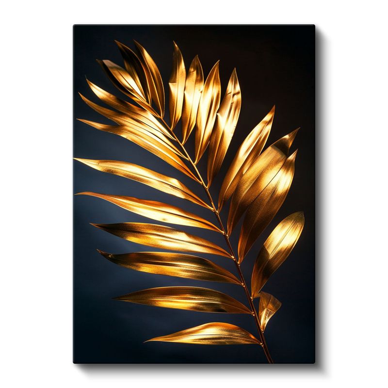 Altın Palmiye - Siyah Fonda Metalik Yaprak Kanvas Tablo