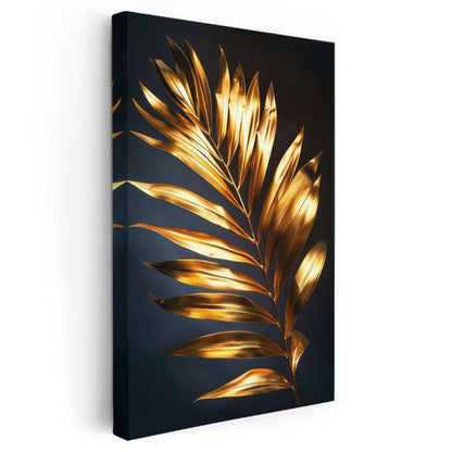 Altın Palmiye - Siyah Fonda Metalik Yaprak Kanvas Tablo