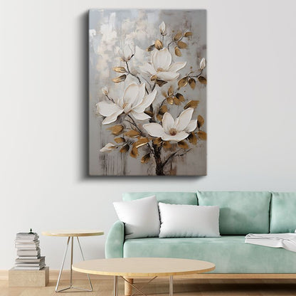 Beyaz Manolya - Gri Fonda Altın Yapraklı Çiçekler Kanvas Tablo