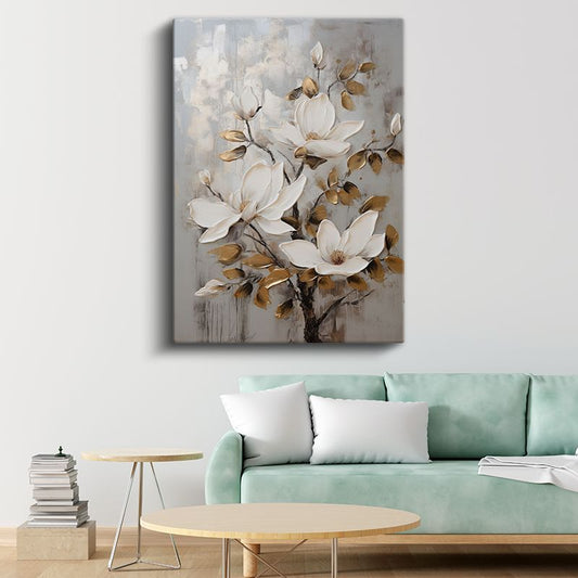 Beyaz Manolya - Gri Fonda Altın Yapraklı Çiçekler Kanvas Tablo