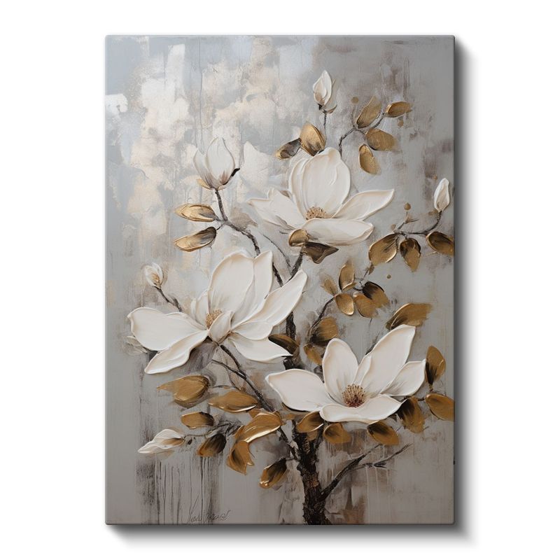 Beyaz Manolya - Gri Fonda Altın Yapraklı Çiçekler Kanvas Tablo