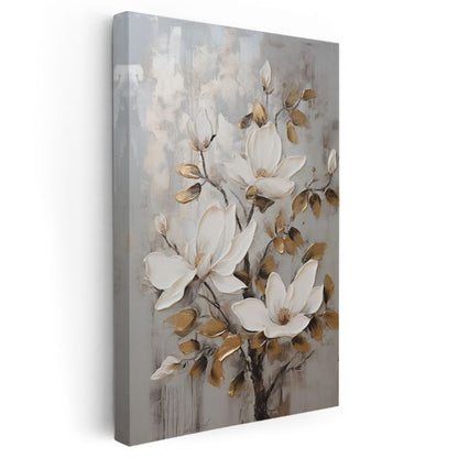 Beyaz Manolya - Gri Fonda Altın Yapraklı Çiçekler Kanvas Tablo