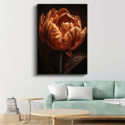 Amber Lale - Çiy Damlacıklı Bronz Çiçek Portresi Kanvas Tablo