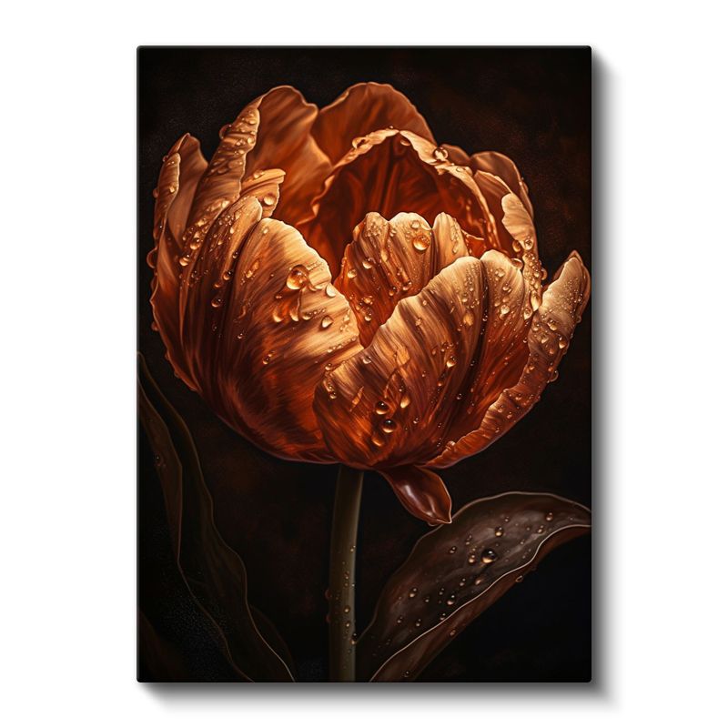 Amber Lale - Çiy Damlacıklı Bronz Çiçek Portresi Kanvas Tablo