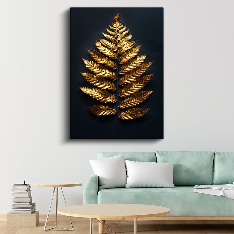 Altın Eğrelti - Siyah Fonda Metalik Yaprak Kanvas Tablo