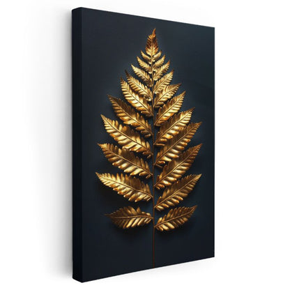 Altın Eğrelti - Siyah Fonda Metalik Yaprak Kanvas Tablo