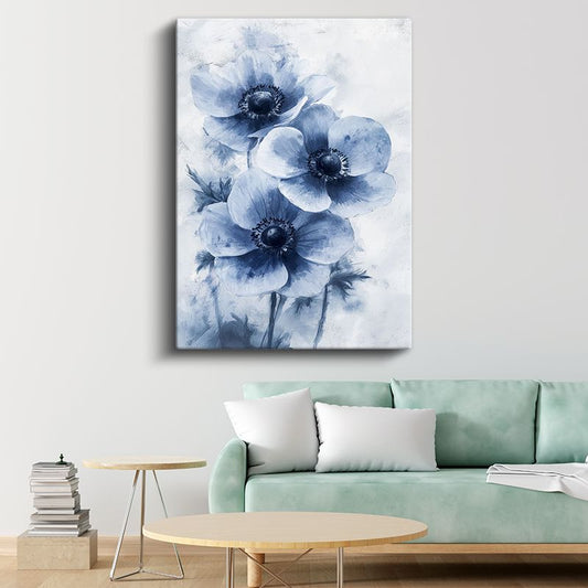 Mavi Anemonlar - Suluboya Efektli Çiçek Üçlüsü Kanvas Tablo