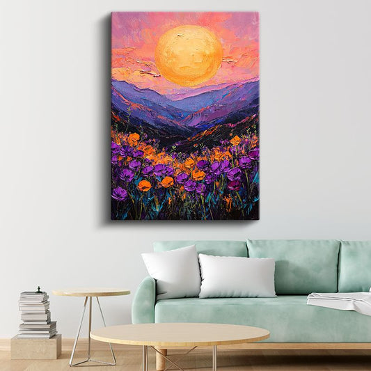 Mor Vadi - Tekstürlü Gün Batımı Manzarası Kanvas Tablo