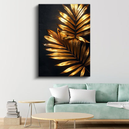 Altın Palmiye - Siyah Zeminde Işıltılı Yapraklar Kanvas Tablo