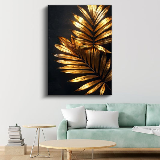 Altın Palmiye - Siyah Zeminde Işıltılı Yapraklar Kanvas Tablo