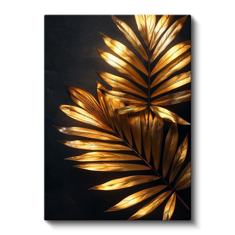 Altın Palmiye - Siyah Zeminde Işıltılı Yapraklar Kanvas Tablo