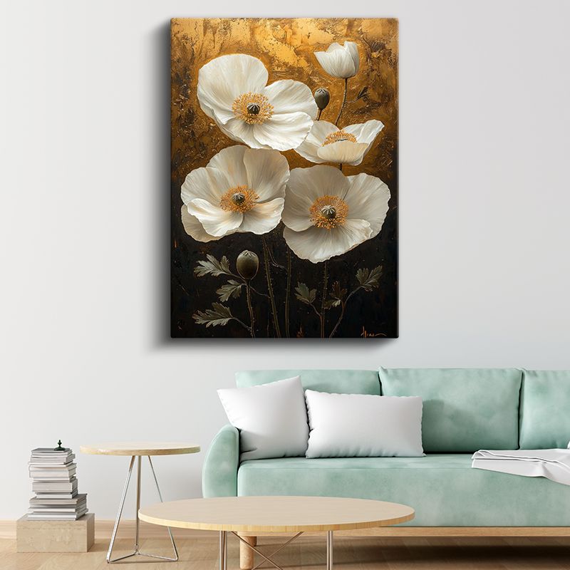 Beyaz Gelincikler - Altın Fonda Zarif Çiçekler Kanvas Tablo