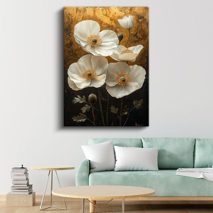 Beyaz Gelincikler - Altın Fonda Zarif Çiçekler Kanvas Tablo