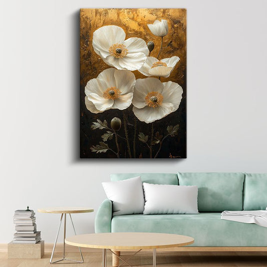 Beyaz Gelincikler - Altın Fonda Zarif Çiçekler Kanvas Tablo